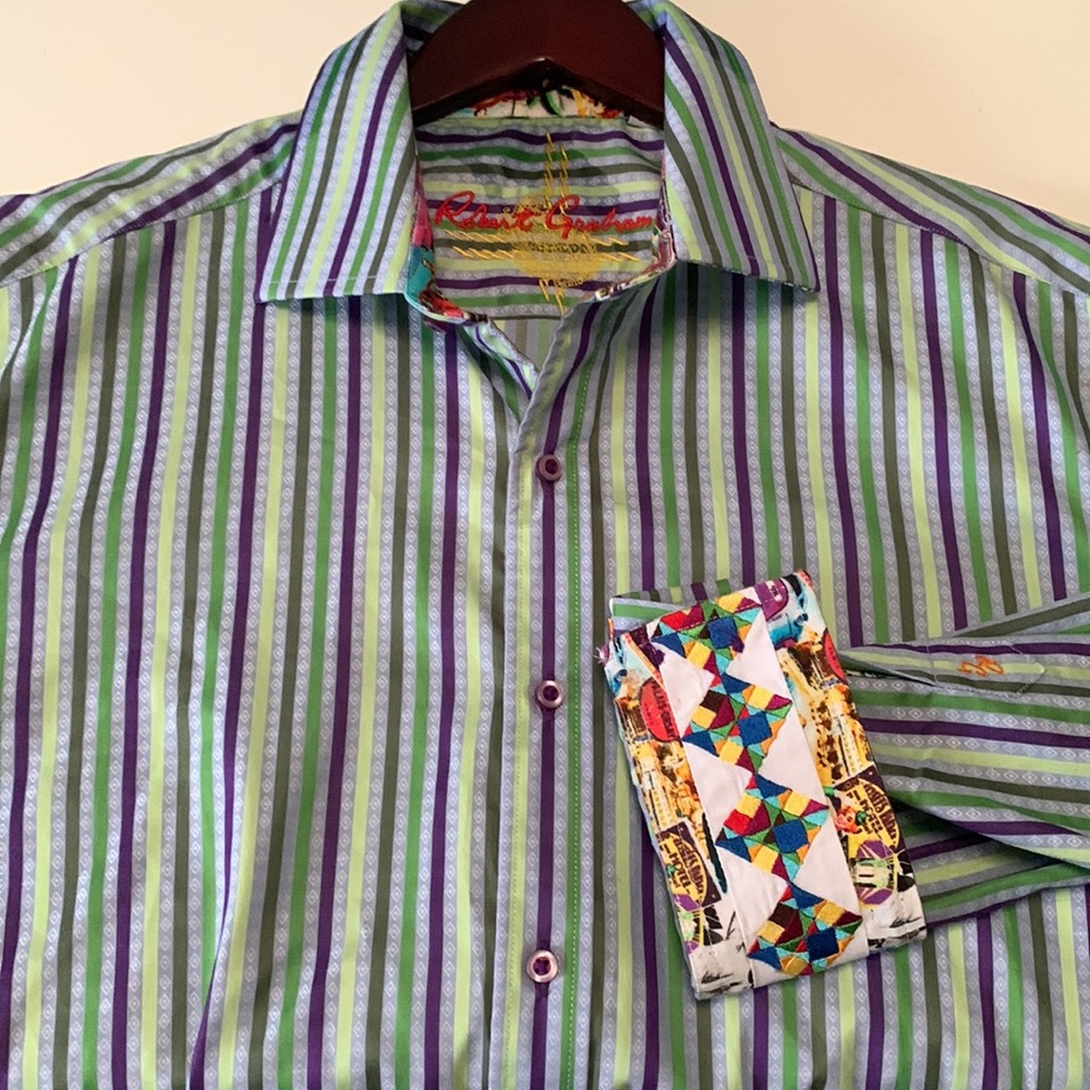 Robert Graham Flip Cuff Multicolor Striped Shirt Mens Size L